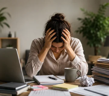 Woman experiencing stress at a cluttered desk, illustrating the root causes of burnout in work, life, and environmental settings 