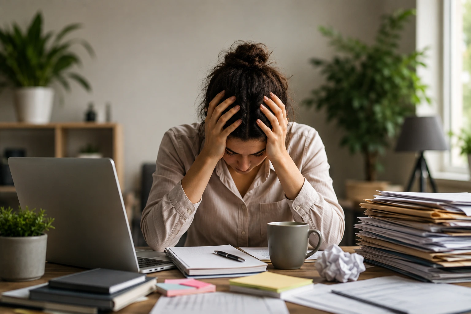 Woman experiencing stress at a cluttered desk, illustrating the root causes of burnout in work, life, and environmental settings 
