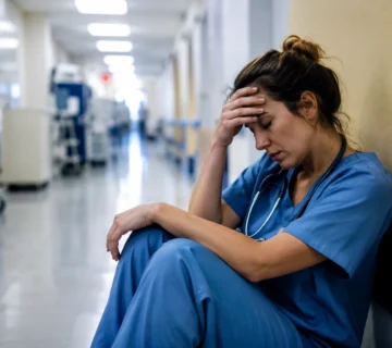 Exhausted nurse sitting on a hospital hallway floor showing signs of burnout, stress, and emotional fatigue in a realistic healthcare setting 