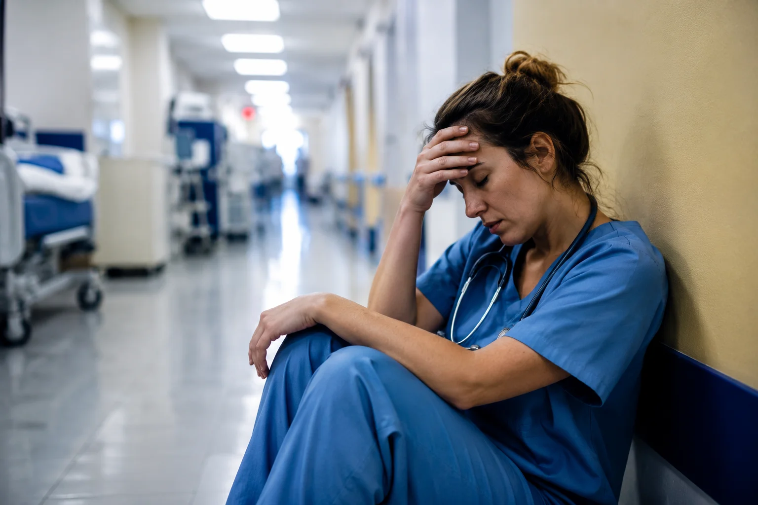 Exhausted nurse sitting on a hospital hallway floor showing signs of burnout, stress, and emotional fatigue in a realistic healthcare setting 