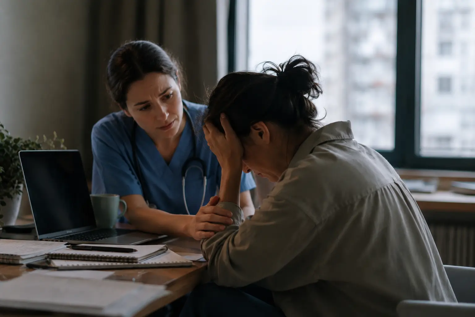 Compassionate nurse supporting a stressed and emotionally exhausted woman at a desk, illustrating the difference between burnout and depression in a realistic healthcare setting
