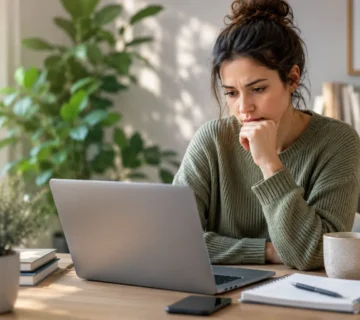 Woman working on a laptop in a cozy home office while appearing stressed and overwhelmed, representing high functioning anxiety symptoms in everyday life 