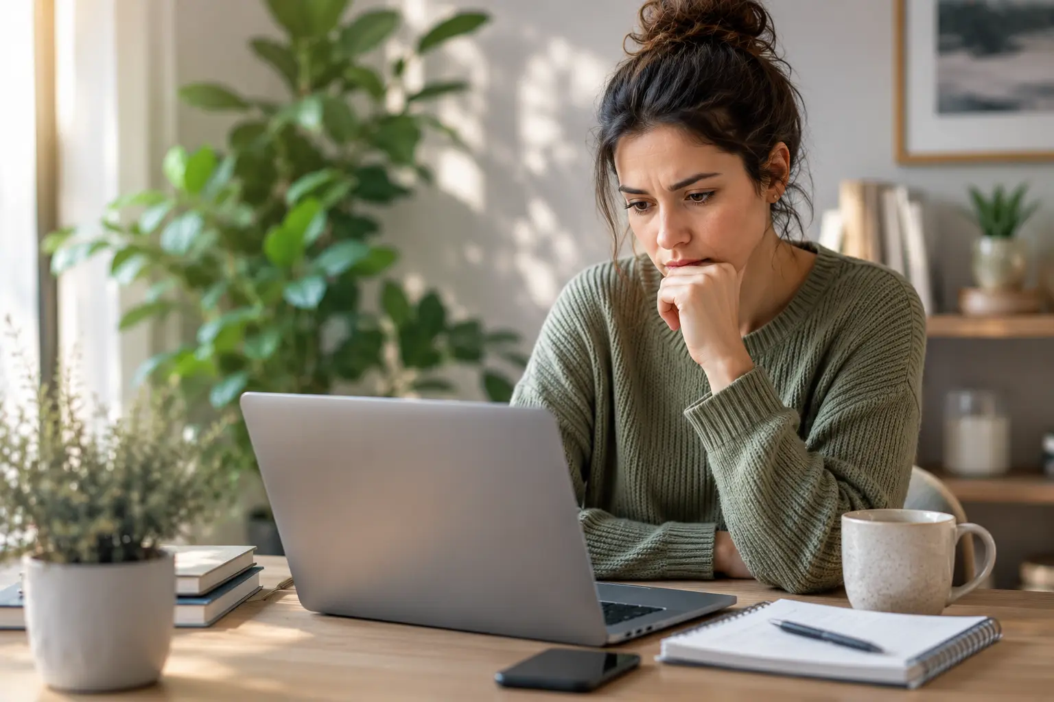 Woman working on a laptop in a cozy home office while appearing stressed and overwhelmed, representing high functioning anxiety symptoms in everyday life 