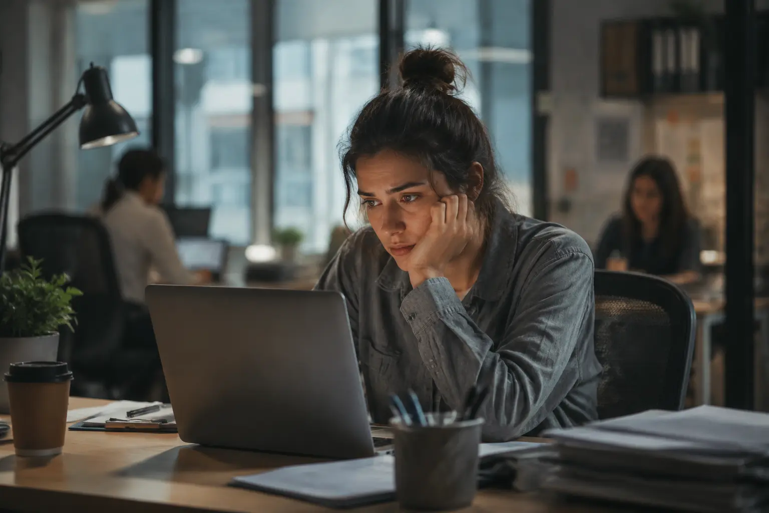 A tired office worker sits at a desk in a modern workplace, staring at a laptop while colleagues work in the background The image captures the emotional strain of living with depression while maintaining daily work responsibilities, highlighting feelings of exhaustion, isolation, and perseverance in a professional environment