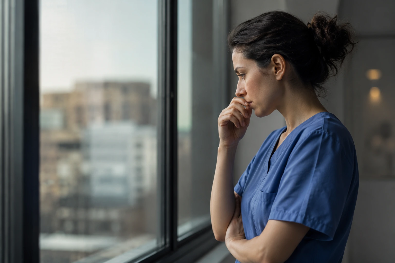 Healthcare professional in blue scrubs standing by a hospital window, reflecting on ethical challenges and emotional distress associated with moral injury in healthcare