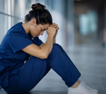 Healthcare professional sitting alone in a hospital corridor looking emotionally exhausted and overwhelmed, illustrating compassion fatigue in helping professions and the emotional impact of caregiving roles 
