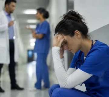 Healthcare worker experiencing stress and emotional exhaustion due to workplace bullying in a hospital setting, highlighting the mental health impact on healthcare professionals 