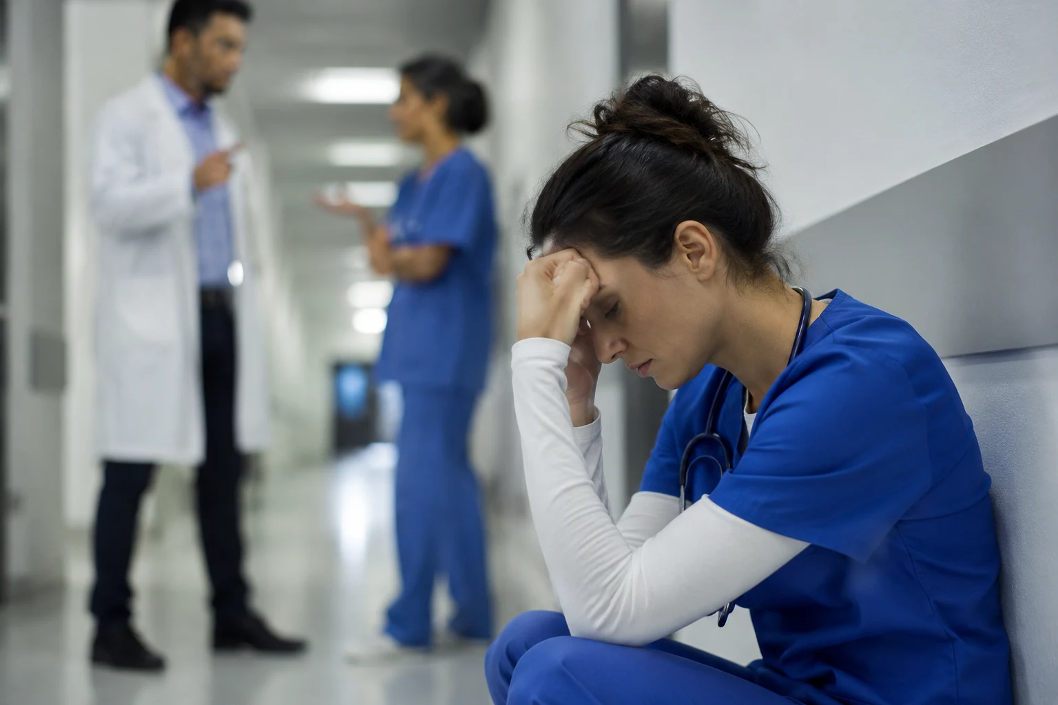 Healthcare worker experiencing stress and emotional exhaustion due to workplace bullying in a hospital setting, highlighting the mental health impact on healthcare professionals 