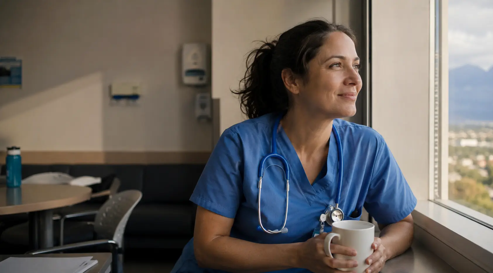 Healthcare professional in scrubs relaxing by a hospital window after a shift, holding a coffee mug with a stethoscope and ID badge visible, conveying resilience, relief, and recovery in a quiet clinical setting