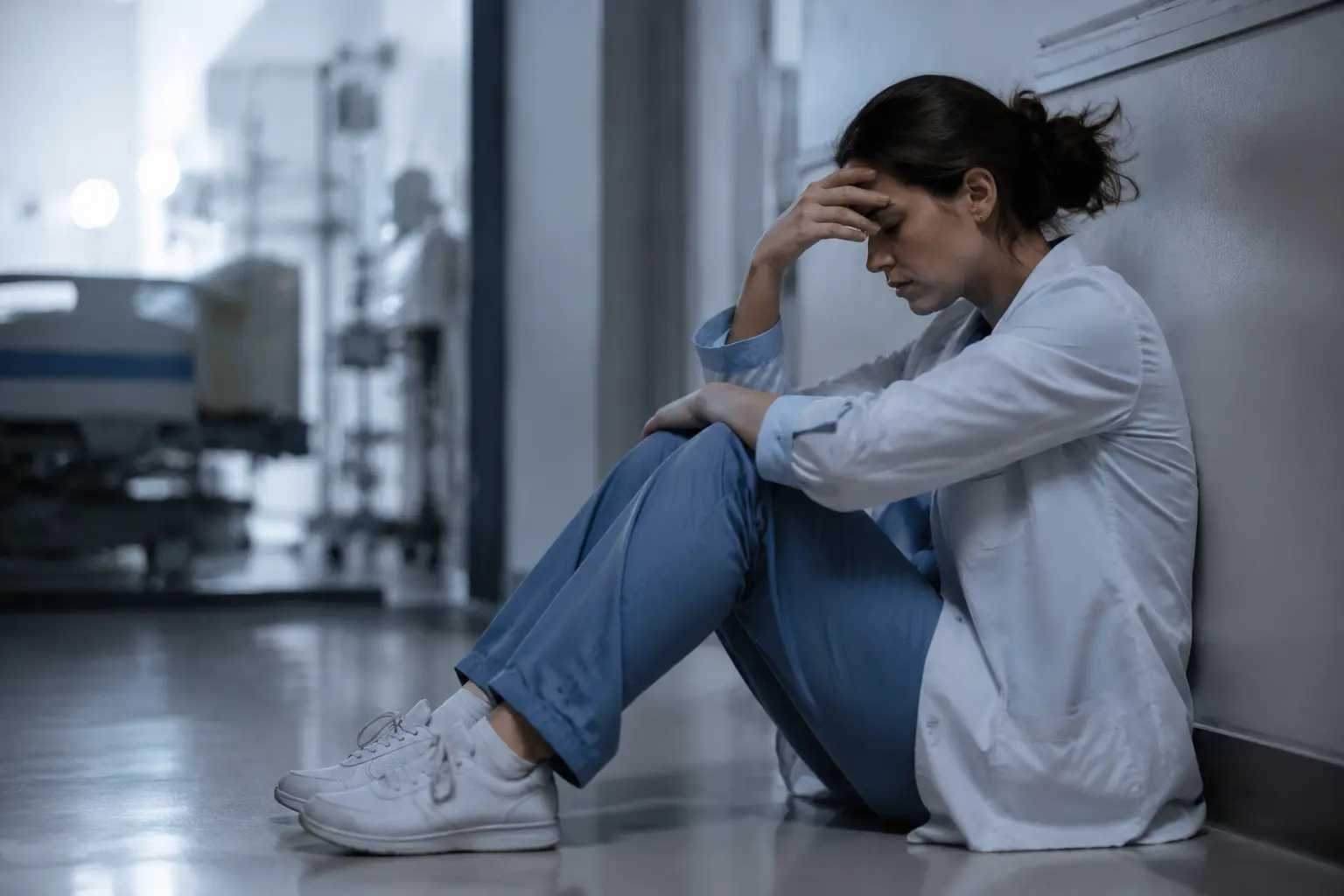 A physician in a white coat and blue scrubs sits alone on a hospital corridor floor, showing emotional exhaustion and depression