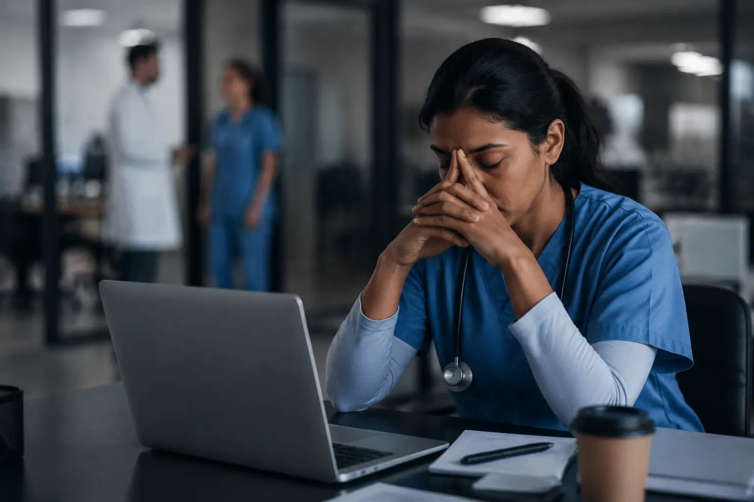 Healthcare professional taking a quiet moment to regulate emotions and manage stress during a demanding workday in a busy hospital setting