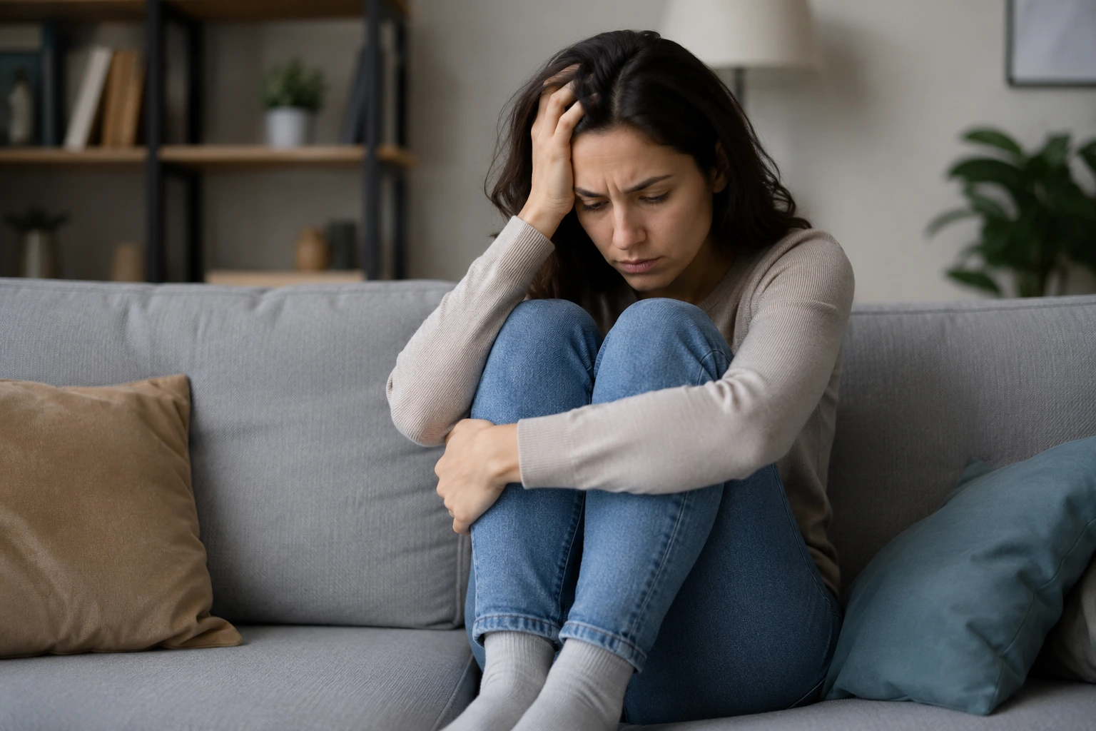 A thoughtful young woman sitting alone on a living room sofa, appearing overwhelmed while reflecting on anxiety versus everyday stress in a calm home environment 