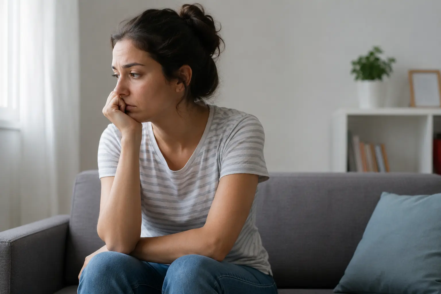 A woman sits quietly on a sofa, lost in thought, illustrating the difference between everyday mood swings and a mood disorder 