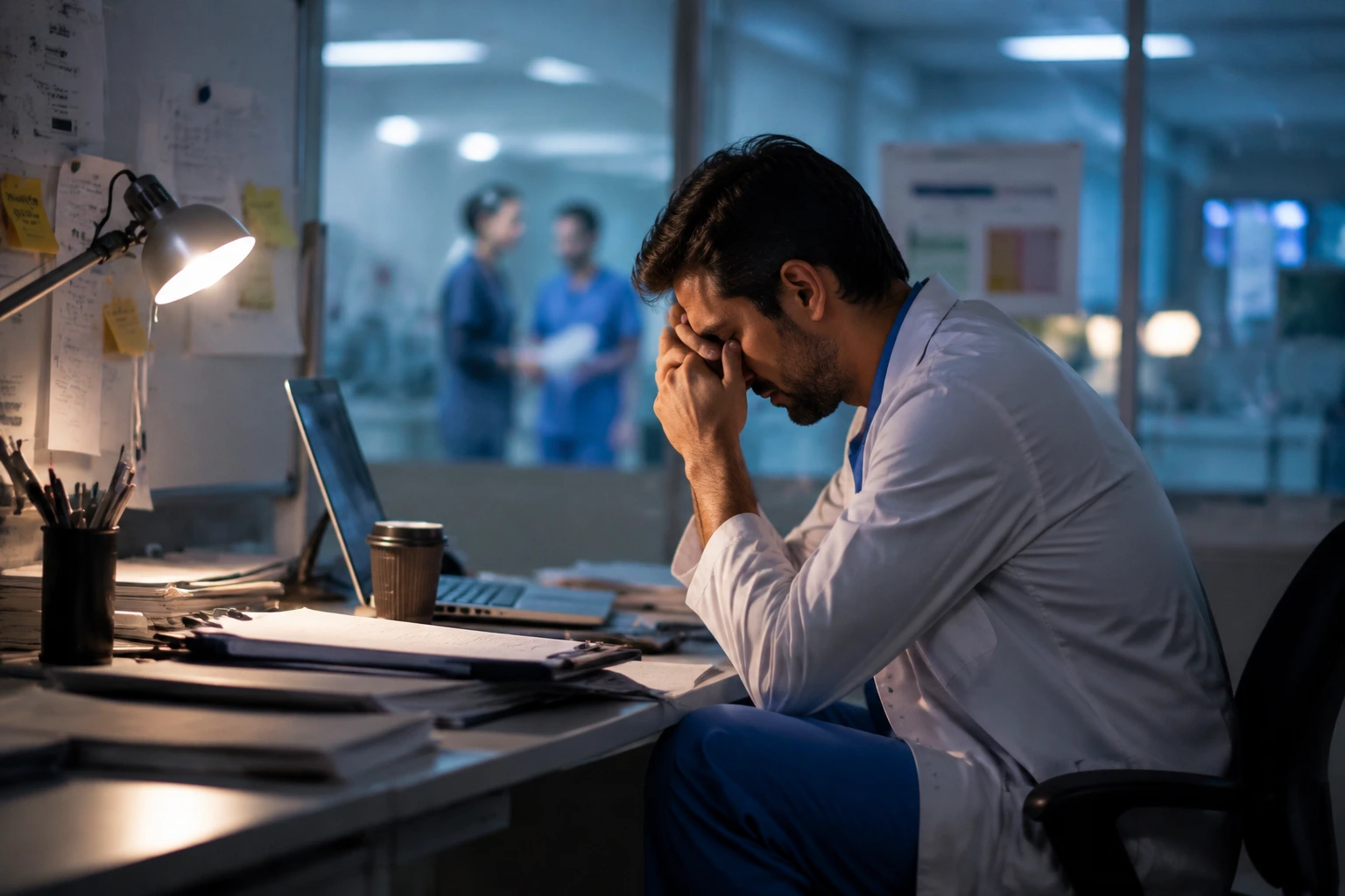 Exhausted healthcare provider sitting alone at a hospital workstation during a late night shift, reflecting emotional distress and burnout in a quiet clinical setting