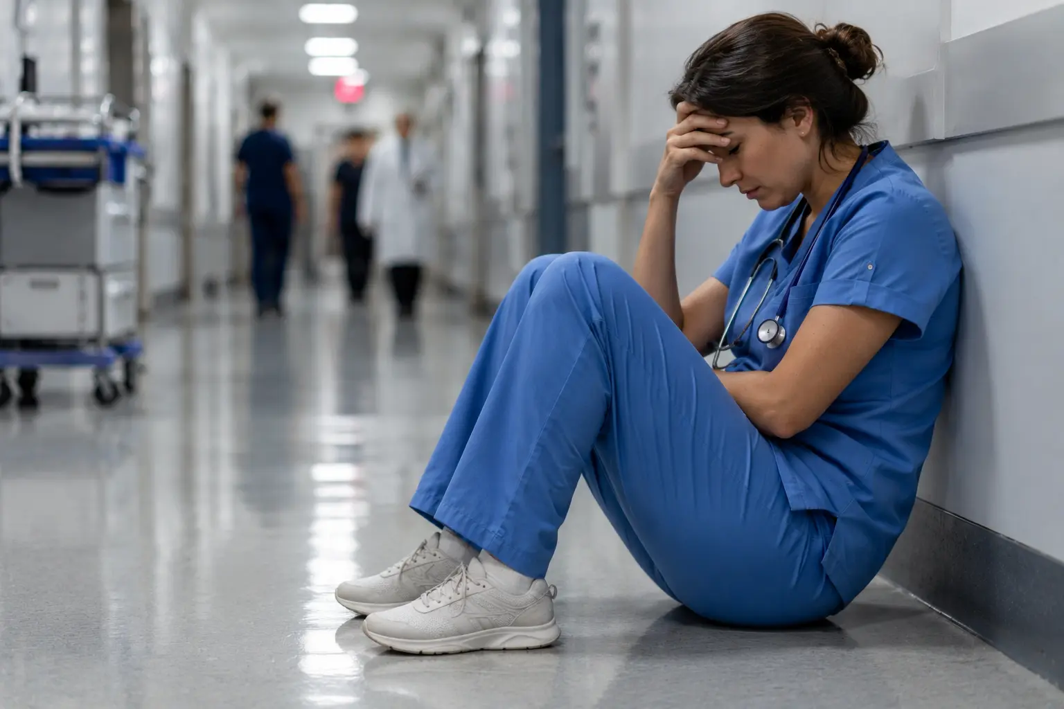 Exhausted healthcare worker sitting on a hospital hallway floor after a demanding shift, illustrating the emotional and physical toll of healthcare burnout 