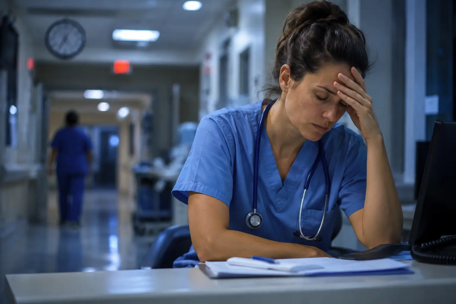 A tired healthcare nurse in blue scrubs rests her head in her hand at a hospital workstation during a night shift, with a dimly lit corridor in the background 