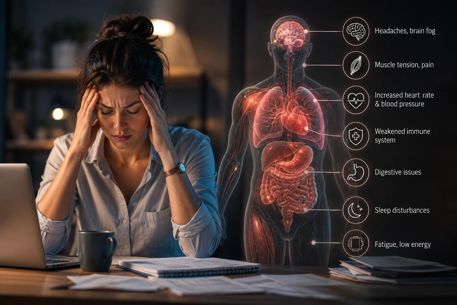 Woman experiencing chronic stress and burnout at a desk alongside a medical illustration showing the effects of stress on the brain, heart, immune system, digestive system, sleep, and energy levels 
