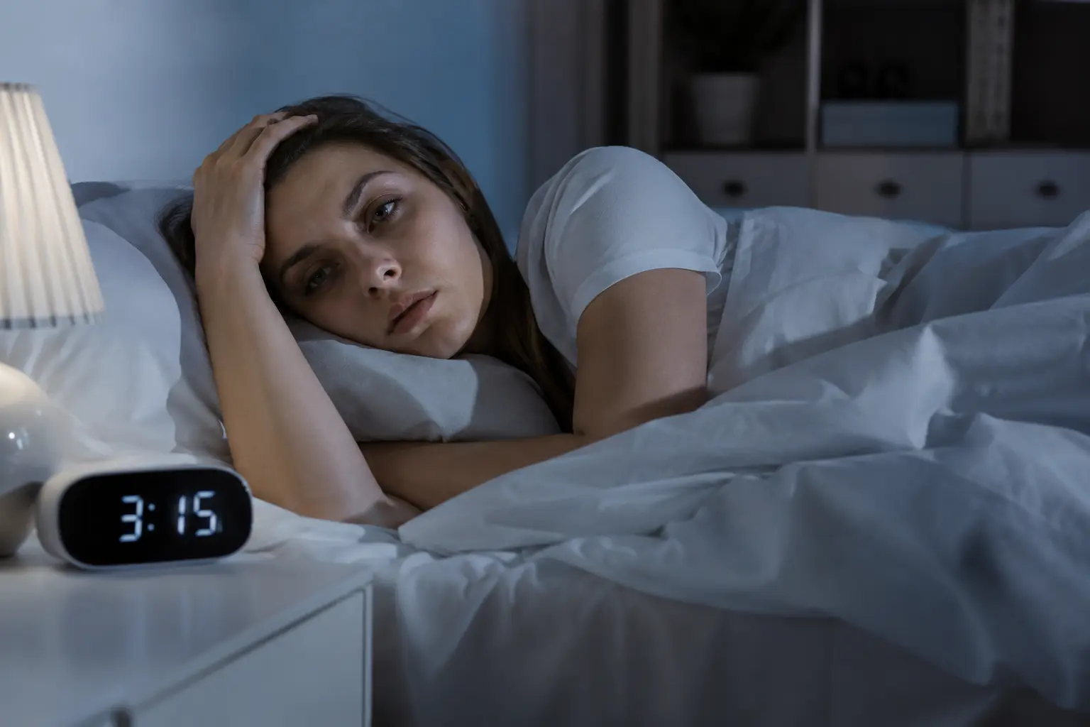 A tired woman lies awake in bed during the night, looking distressed as a bedside clock shows 3:15 a m , illustrating sleep deprivation and its impact on mental health