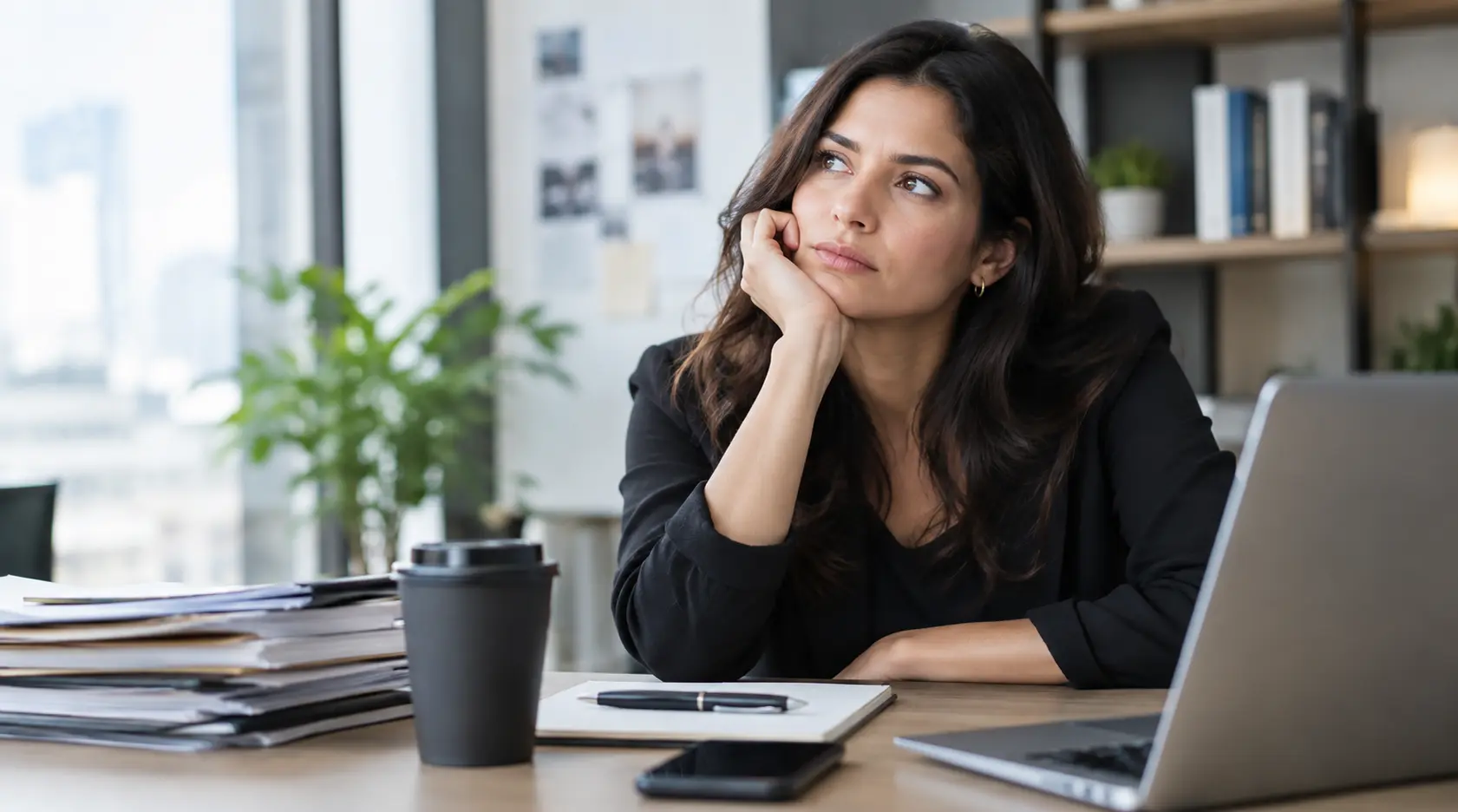 Adult professional woman reflecting at her desk with a laptop, paperwork, and coffee, representing the challenges high achieving adults may experience before an ADHD diagnosis 