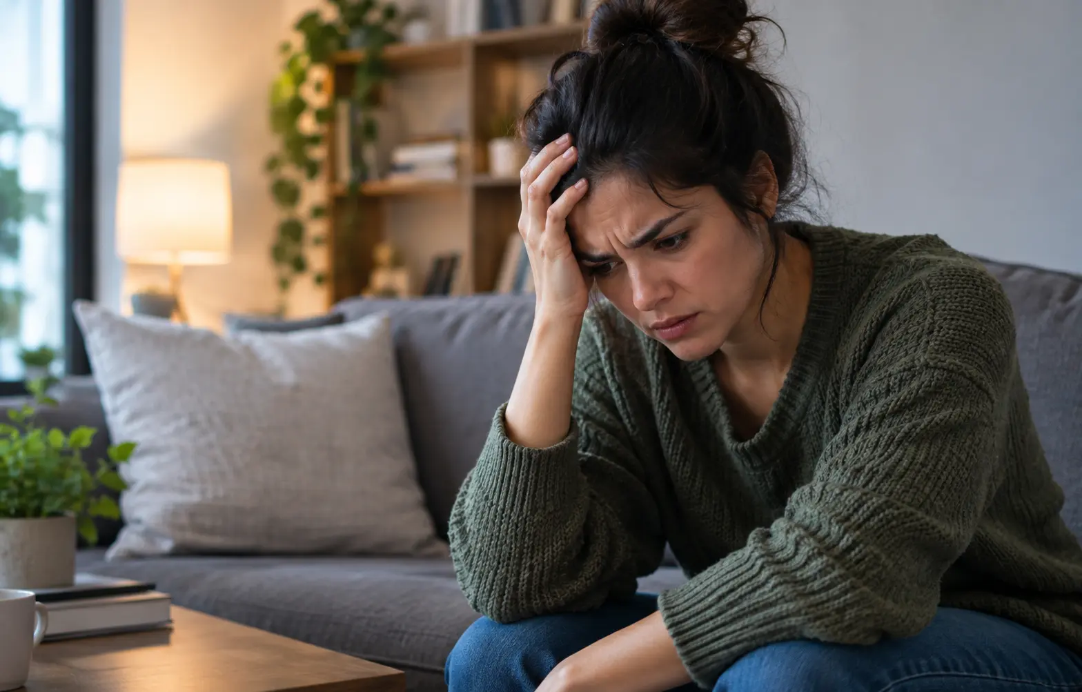 A distressed woman sitting on a sofa with her hand on her forehead, reflecting emotional stress, anxiety, and low mood 