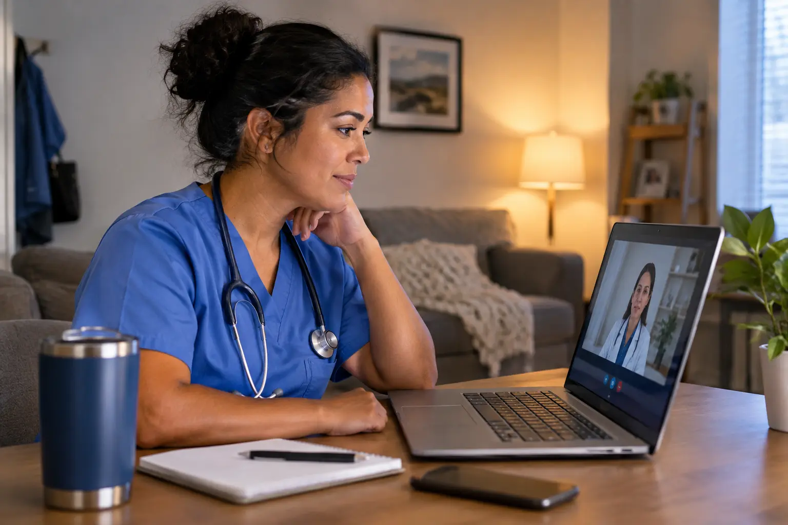 Nurse in scrubs having a private telehealth appointment on her laptop at home after a shift